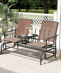 Two Person Cozy Outdoor Swing Glider Chair With Center Tempered Glass Table Patio Rocking Loveseat On Sturdy Steel Frame With Breathable Mesh Cushions For Porch Balcony Or Poolside Brown Finish