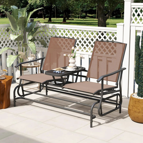 Two Person Cozy Outdoor Swing Glider Chair With Center Tempered Glass Table Patio Rocking Loveseat On Sturdy Steel Frame With Breathable Mesh Cushions For Porch Balcony Or Poolside Brown Finish