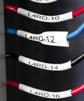 Rhino 4200 Industrial Label Maker with fast printing on pro-grade cable wraps displaying wire labels L4RD-10 to L4RD-16.