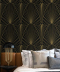 Bedroom interior with Removable Peel And Stick Black And Gold Geometric Wallpaper For Walls And Interiors Boss Level Luxury Gold Stripe Contact Paper For Countertops And Furniture Self Adhesive Vinyl Film Roll 17.3 In By 393.7 In behind a bed and lamp