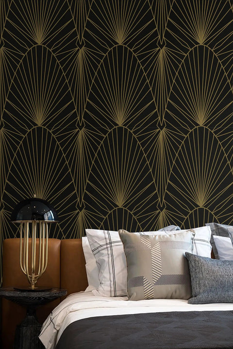 Bedroom interior with Removable Peel And Stick Black And Gold Geometric Wallpaper For Walls And Interiors Boss Level Luxury Gold Stripe Contact Paper For Countertops And Furniture Self Adhesive Vinyl Film Roll 17.3 In By 393.7 In behind a bed and lamp