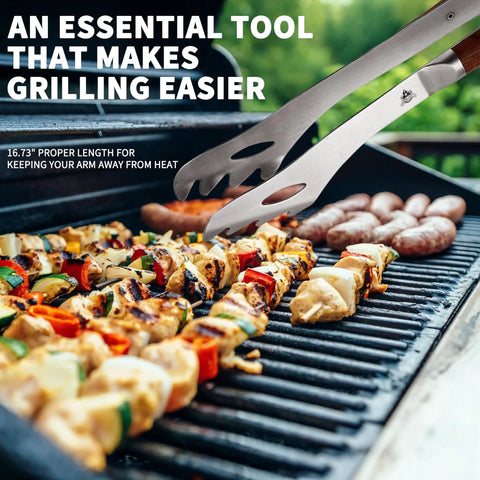 Heavy Duty Rosewood Handle BBQ Grill Tongs Measuring 16.7 Inches Long, Premium Stainless Steel Grilling Tool For Outdoor Barbecues