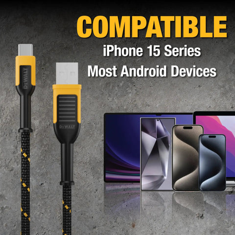 Heavy Duty USB A To USB C Charging Cable Premium Braided Nylon With Kevlar Reinforcement displayed with devices