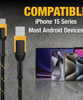Beefy Kevlar Reinforced USB A To Type C Cable, Ultra Rugged Jobsite Tough Charger Cord displayed with compatible devices