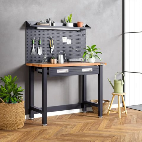 UltraHD Heavy Duty Lighted Work Center With Pegboard And Solid Wood Top, 500 Lb Capacity, Graphite Powder-Coated Frame, side view