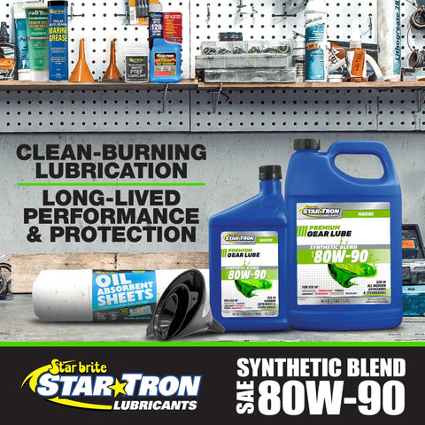 Premium Synthetic Blend 80W-90 Gear Lube For Outboard Motors Marine Grade High Viscosity Gear Oil 32 Ounce Quart two bottles on shelf