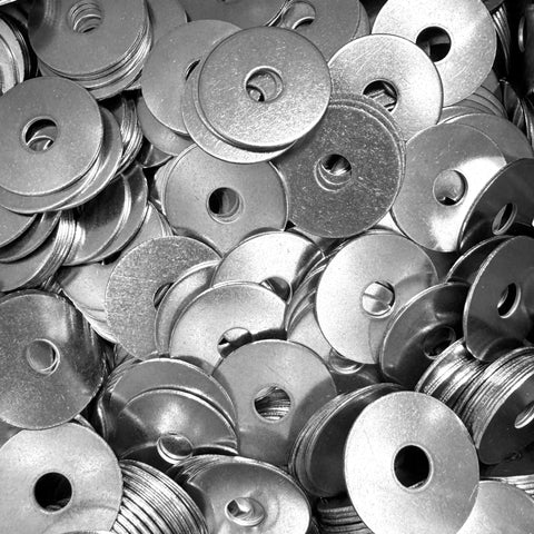50 Pack Fender Washers For DIY Metal Fastening With Three Sixteenth Inch Inner Diameter, Three Quarters Inch Outer Diameter, One Thirty Second Inch Thick, 304 Stainless Steel, Rust Resistant, Heavy Duty Hardware Supply displayed in metal pile.