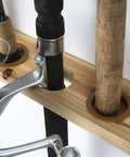 Close-up of Six Rod Vertical Wall Mount Fishing Rod Rack for Garage Ceiling or Wall Storage with solid pine construction.