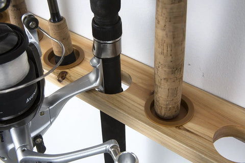 Close-up of Six Rod Vertical Wall Mount Fishing Rod Rack for Garage Ceiling or Wall Storage with solid pine construction.