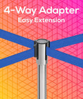 Heavy Duty Crowd Control Stanchions With 6.5 Foot Retractable Belts, Stainless Steel Posts In Silver With Blue Belts, 4-way adapter