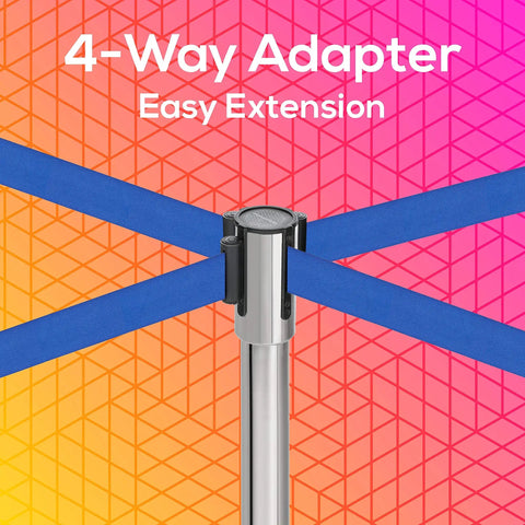 Heavy Duty Crowd Control Stanchions With 6.5 Foot Retractable Belts, Stainless Steel Posts In Silver With Blue Belts, 4-way adapter