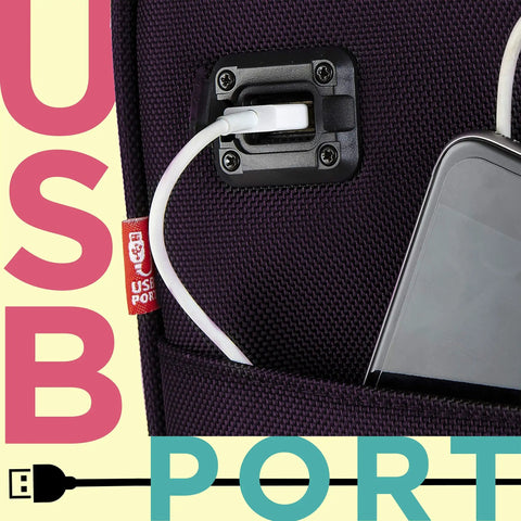 USB port on Underseat Carry-On Set 15 Inch Purple Roller Bag With USB Charging Port