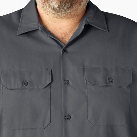 Badass Men Short Sleeve Utility Button Down Workshirt In Charcoal With Stain Resistant Cotton Polyester Blend For Tough Job Site Grind and Easy Relaxed Fit That Handles Every Day Hustle, front view with button detail.