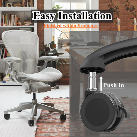 Office Chair Wheels With Brakes 2.36 Inch Diameter Locking Caster Replacement Set Of Five For Carpet And Hardwood Floors With Universal 7/16 Inch Stem 11mm Fit Standard Office Chairs And Stools For Smooth Rolling And Secure Braking shown installed on chair with push-in feature.