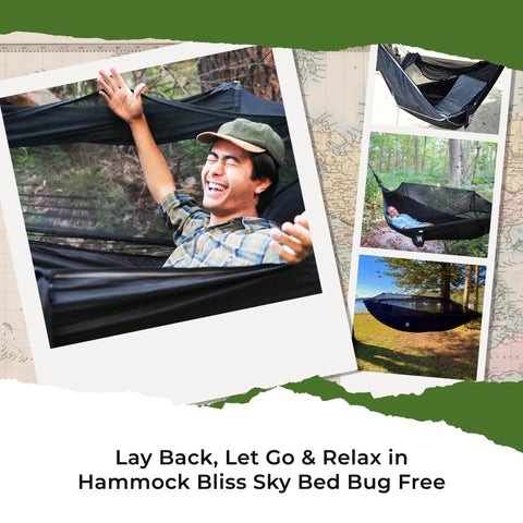 Smiling camper in Bug Free Sky Bed Camping Hammock Tent With Flat Lay Sleep, showing asymmetrical design and bug net.