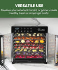 No Nonsense 8 Tray Food Dehydrator For Crankin Out Homestyle Beef Jerky Crispy Veggies And Sweet Fruit With Smart Temp Knob And 80 Hour Digital Clock Plus Hyperwave Air System with open door showing colorful dried flowers.