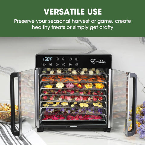 No Nonsense 8 Tray Food Dehydrator For Crankin Out Homestyle Beef Jerky Crispy Veggies And Sweet Fruit With Smart Temp Knob And 80 Hour Digital Clock Plus Hyperwave Air System with open door showing colorful dried flowers.