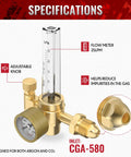 Argon CO2 Gas Flow Meter Regulator With 8.2FT Hose For MIG TIG Welding, Plug-In Ready CGA-580 Inlet, Connects To Argon Helium CO2 Tanks, 0 To 60 CFH Flow Gauge, Easy Install, Durable Weld-Grade Regulator For Home Garage, gold flow meter with adjustable knob and CGA-580 inlet