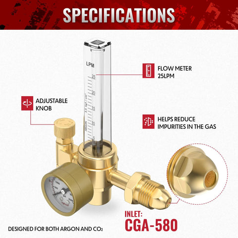 Argon CO2 Gas Flow Meter Regulator With 8.2FT Hose For MIG TIG Welding, Plug-In Ready CGA-580 Inlet, Connects To Argon Helium CO2 Tanks, 0 To 60 CFH Flow Gauge, Easy Install, Durable Weld-Grade Regulator For Home Garage, gold flow meter with adjustable knob and CGA-580 inlet