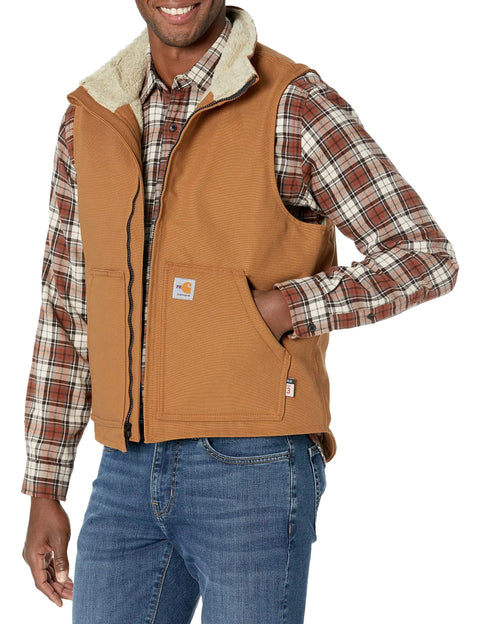 Men's Top Shelf Flame Resistant Duck Vest Straight Up Arc Protection With Heavy Insulated Sherpa Lining And Pro Level Vislon Front Zipper In Dark Brown X Large Tall worn over plaid shirt.