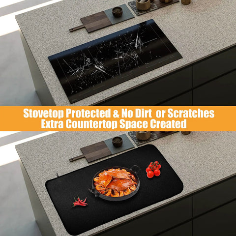 Heat Resistant Glass Stovetop Cover For Electric Stoves 21 By 29 Point 5 Inches Fireproof Waterproof Shield in use on countertop