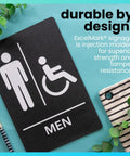 Restroom Sign For Business ADA Compliant Braille Bathroom Sign With Double Sided Tape For Hassle Free Installation 9 By 6 Inch Men And Women Handicap Set Bold White Letters On Black For Maximum Visibility, men symbol, black background, white logo.