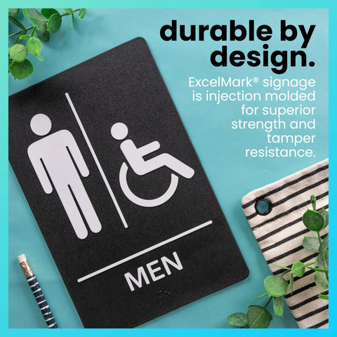Restroom Sign For Business ADA Compliant Braille Bathroom Sign With Double Sided Tape For Hassle Free Installation 9 By 6 Inch Men And Women Handicap Set Bold White Letters On Black For Maximum Visibility, men symbol, black background, white logo.