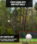 Heavy Duty Baseball and Softball Batting Cage With Wheels For Backyard Driveway And Club Training Commercial Grade Portable Cage Built Tough Steel Frame Premium Netting Easy Setup 40 Ft Practice Space showing UV-coated net stopping a baseball mid-air, protecting surroundings.