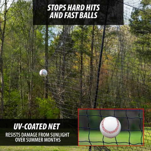Heavy Duty Baseball and Softball Batting Cage With Wheels For Backyard Driveway And Club Training Commercial Grade Portable Cage Built Tough Steel Frame Premium Netting Easy Setup 40 Ft Practice Space showing UV-coated net stopping a baseball mid-air, protecting surroundings.
