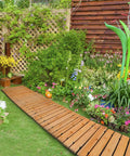 8 Ft Cedar Garden Pathway Roll Out Walkway For Patio And Beach Events, Weather-Resistant Wooden Boardwalk Path in a garden setting