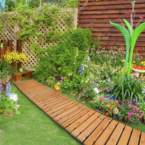 8 Ft Cedar Garden Pathway Roll Out Walkway For Patio And Beach Events, Weather-Resistant Wooden Boardwalk Path in a garden setting