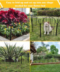 Arch Garden Fence Panels 22 Inch High No Dig Rustproof Metal Fence with Ground Stakes, set up in garden with plants and cat.