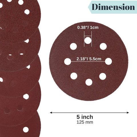 Five Inch 8 Hole Sanding Discs Set, 30 Pack with Assorted Grits 40 80 120 220 320 600, shown with dimensions and details