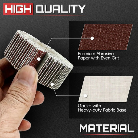 Twenty Piece Flap Wheel Sanding Kit With Quarter Inch Drill Shank for Smoothing wood and metal, showing premium abrasive paper.