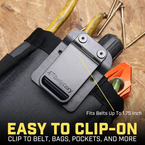 Clip-On Tool Belt Pouch for tools and hardware showing front view, with close-up on clip mechanism, ideal for trades pros.