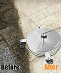 14 Inch Pro Grade Pressure Washer Surface Cleaner With Stainless Steel Body And Four Wheels For Concrete Patio Deck And Pathways One Quarter Inch Quick Connector Includes Two Extension Wands And Replacement Nozzles Up To 4000 PSI cleaning concrete