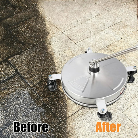 14 Inch Pro Grade Pressure Washer Surface Cleaner With Stainless Steel Body And Four Wheels For Concrete Patio Deck And Pathways One Quarter Inch Quick Connector Includes Two Extension Wands And Replacement Nozzles Up To 4000 PSI cleaning concrete