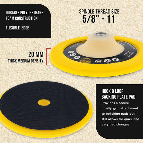 Pro Series 7 Inch Flexible Edge Polishing Backing Pad With Hook And Loop Five Eighth Inch 11 Threads Universal Rotary Polisher Buffer For Automotive Detailing And Foam Wool Buff Pads, shown being durable with foam construction and flexible edge.