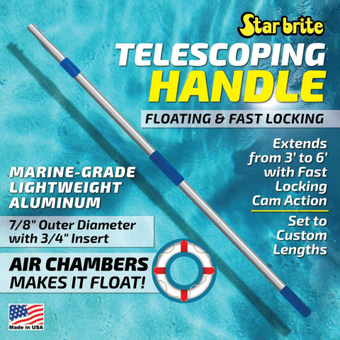 Extendable Boat Brush Handle With 3 To 6 Ft Reach Floats Quick Connect Compatibility Fits Extend A Brush Accessories Built From Aircraft Grade Aluminum Made In USA telescoping marine aluminum handle