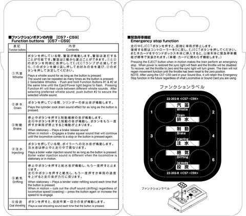 Premium Sound Card For C57 And C59 Steam Locomotives instruction manual detailing function buttons and emergency stop feature.
