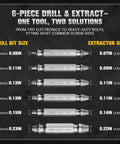 Image showing a 6-Piece Damaged Screw Extractor Set With Left Hand Drill Bits 0 Through 4 And Spiral Flute Extractors sizes and dimensions.