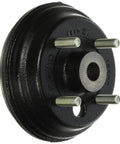 E-Z-GO rear brake drum assembly, black cast iron with four long bolts and splined bore (front view)