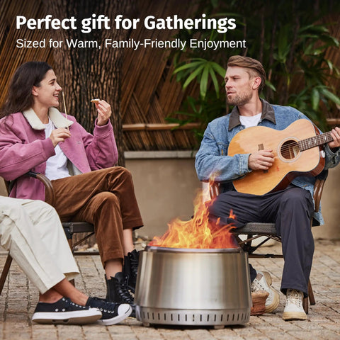 Outdoor gathering with two people by the smokeless 21 inch outdoor fire pit for patio and backyard stainless steel portable fire pit
