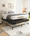 Heavy Duty King Box Spring Low Profile Metal Bed Base With Reinforced Steel Slats And Protective Cover visible with mattress on top.