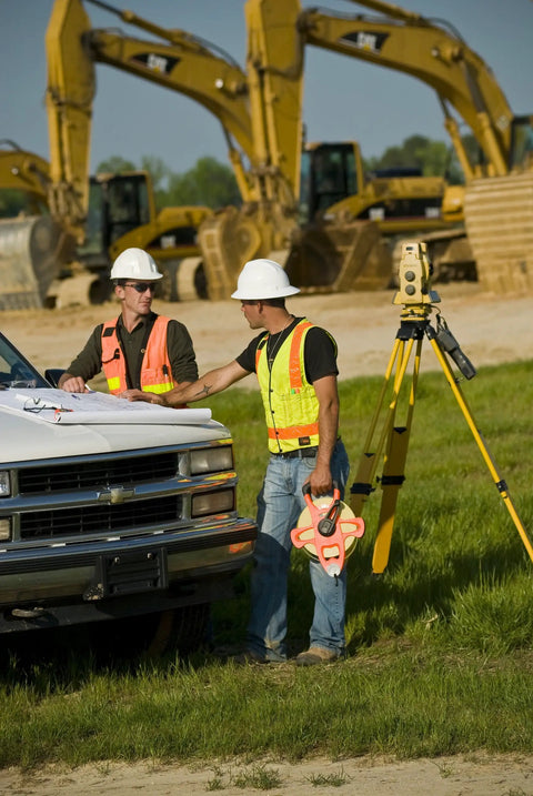 Construction workers using Hi Viz Orange Fiberglass Tape Measure Half Inch By One Hundred Meters Dual Sided SAE And Metric Tape.