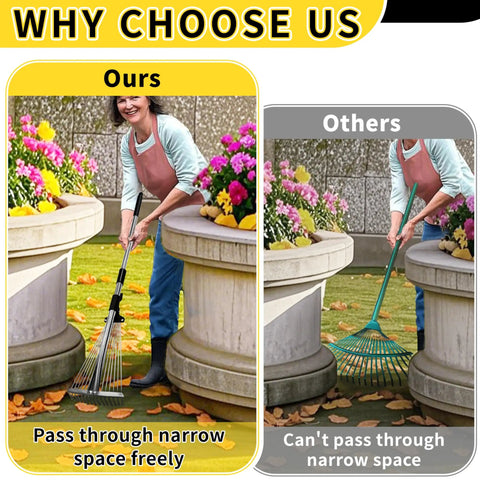 Comparison of heavy duty adjustable leaf rake with extendable 33 to 69 inch handle fitting in narrow space versus standard rake.