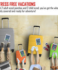 Family Rain Poncho Set For 2 Adults And 2 Kids with suitcases, socks, toys, and shoes, ideal for travel and rainy day prep.