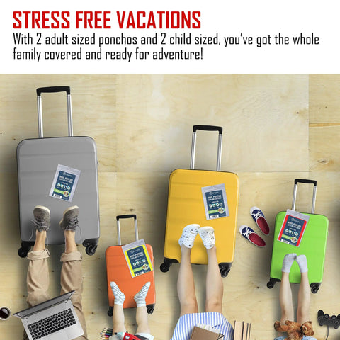 Family Rain Poncho Set For 2 Adults And 2 Kids with suitcases, socks, toys, and shoes, ideal for travel and rainy day prep.