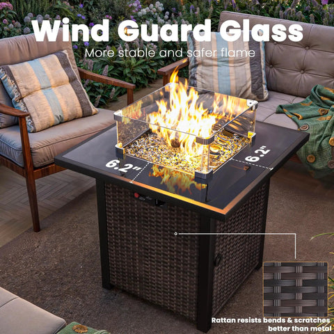 Outdoor Gas Fire Pit Table With 28 Inch Rattan Square Design Glass Wind Guard Tempered Glass Top Lid CSA Listed 50000 BTU Brown