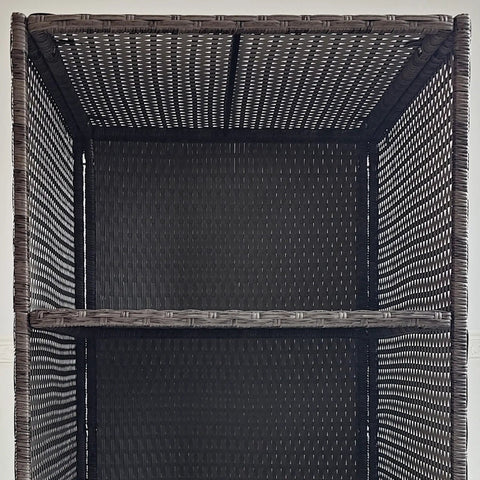 Front view of Valet Pool Towel Rack With Waterproof PE Plastic Rattan Wicker Storage Organizer For Indoor Outdoor Pools, 2 shelves, mixed gray.